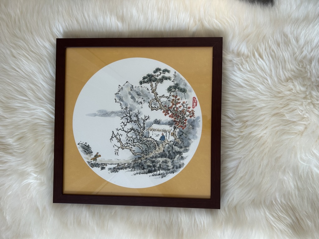 Pines, Red Leaves & Cottage — actual framed painting