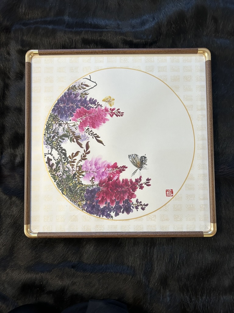 Wisteria & Yellow Butterfly — actual framed painting