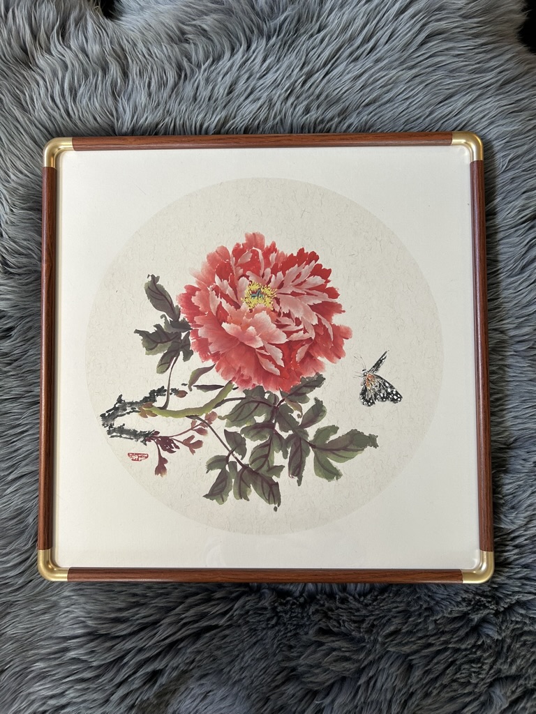 Red Peony & Black Butterfly — actual framed painting