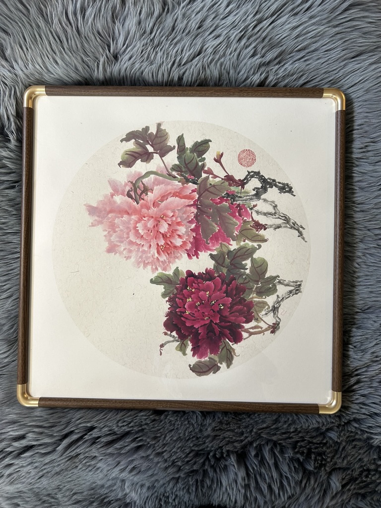 Rose & Burgundy Peonies — actual framed painting