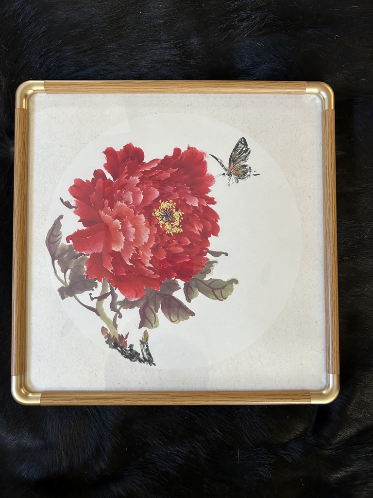 Scarlet Peony & Butterfly — actual framed painting